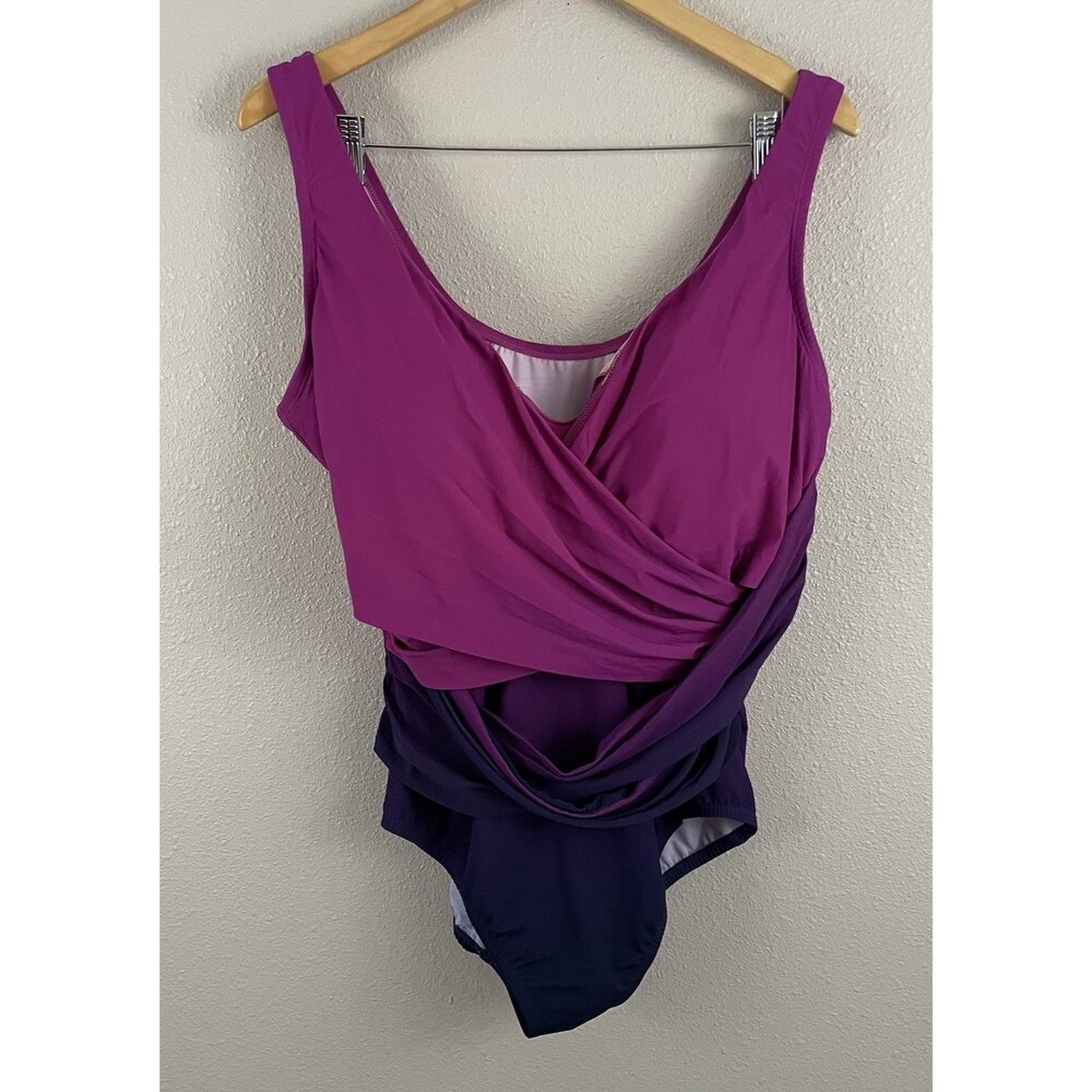 Lands End Womens Plus Size 20W Wrap Slender Suit Purple Colorblock Tummy Control